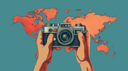 World Photographer's Day. Hold the retro camera in your hand on a neutral background. Printing on paper and textiles. generative aiの素材