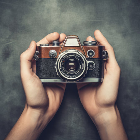 World Photographer's Day. Hold the retro camera in your hand on a neutral background. Printing on paper and textiles. generative aiの素材