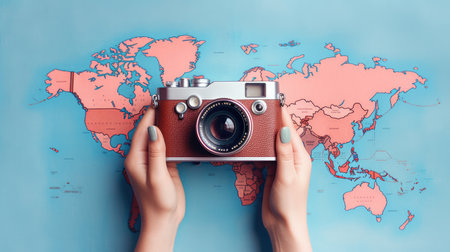 World Photographer's Day. Hold the retro camera in your hand on a neutral background. Printing on paper and textiles. generative aiの素材