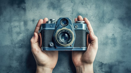World Photographer's Day. Hold the retro camera in your hand on a neutral background. Printing on paper and textiles. generative aiの素材
