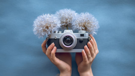 World Photographers Day. Hold the retro camera in your hand on a neutral background. Printing on paper and textiles. Greeting cards for the holiday photos. generative aiの素材