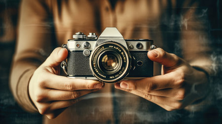 World Photographers Day. the camera is in the hands of a person. Greeting cards for holiday photos. World Camera Day. generative aiの素材