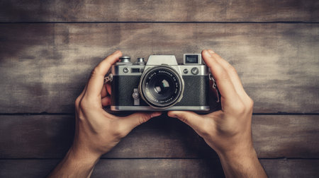 World Photographers Day. Hold the retro camera in your hand on a neutral background. Printing on paper and textiles. Greeting cards for the holiday photos. generative aiの素材