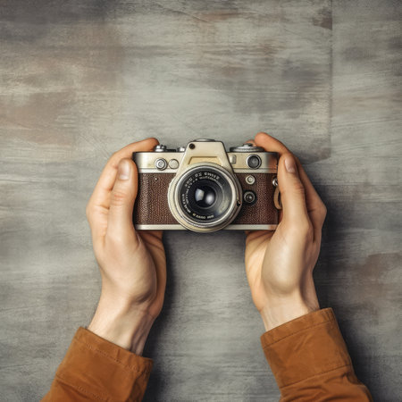 World Photographers Day. Hold the retro camera in your hand on a neutral background. Printing on paper and textiles. Greeting cards for the holiday photos. generative aiの素材