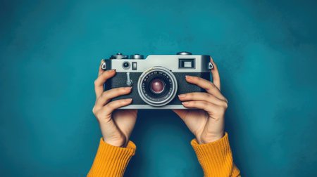 World Photographers Day. Hold the retro camera in your hand on a neutral background. Printing on paper and textiles. Greeting cards for the holiday photos. generative aiの素材