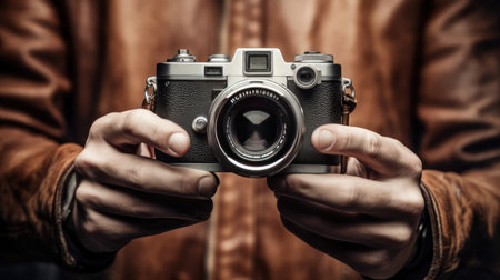 World Photographers Day. the camera is in the hands of a person. Greeting cards for holiday photos. World Camera Day. generative aiの素材