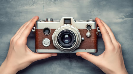 World Photographers Day. Hold the retro camera in your hand on a neutral background. Printing on paper and textiles. Greeting cards for the holiday photos. generative aiの素材