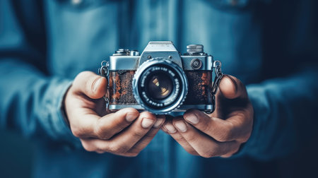 World Photographers Day. the camera is in the hands of a person. Greeting cards for holiday photos. World Camera Day. generative aiの素材