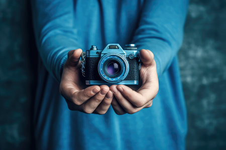 World Photographers Day. the camera is in the hands of a person. Greeting cards for holiday photos. World Camera Day. generative aiの素材