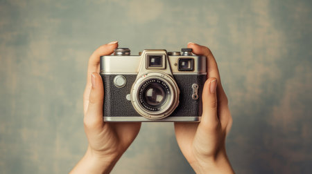World Photographers Day. Hold the retro camera in your hand on a neutral background. Printing on paper and textiles. Greeting cards for the holiday photos. generative aiの素材