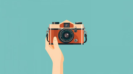 World Photographers Day. Hold the retro camera in your hand on a neutral background. Printing on paper and textiles. Greeting cards for the holiday photos. generative aiの素材