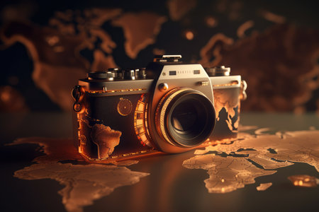 World Photographers Day. Hold the retro camera in your hand on a neutral background. Printing on paper and textiles. Greeting cards for the holiday photos. generative aiの素材
