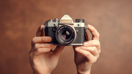 World Photographers Day. Hold the retro camera in your hand on a neutral background. Printing on paper and textiles. Greeting cards for the holiday photos. generative aiの素材