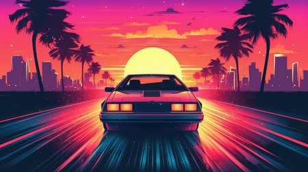 An illustration in the style of summer vibes of the 80s with a retro-style car driving into the sunset. Generative AIの素材