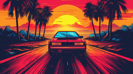 Retro car of the 90s moves along the highway in the rays of a tropical sunset, Generative AIの素材