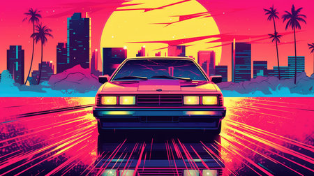 Retro car of the 90s moves along the highway in the rays of a tropical sunset, Generative AIの素材