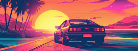 An illustration in the style of summer vibes of the 80s with a retro-style car driving into the sunset. Generative AIの素材
