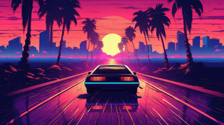 Retro car of the 90s moves along the highway in the rays of a tropical sunset, Generative AIの素材