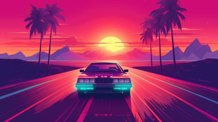 Retro car of the 90s moves along the highway in the rays of a tropical sunset, Generative AIの素材