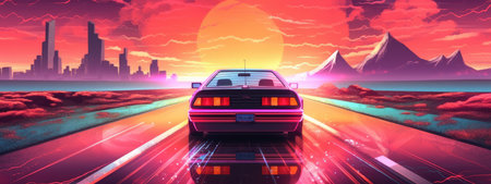 Retro car of the 90s moves along the highway in the rays of a tropical sunset, Generative AIの素材