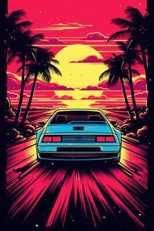 An illustration in the style of summer vibes of the 80s with a retro-style car driving into the sunset. Generative AIの素材
