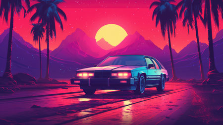 Retro car of the 90s moves along the highway in the rays of a tropical sunset, Generative AIの素材
