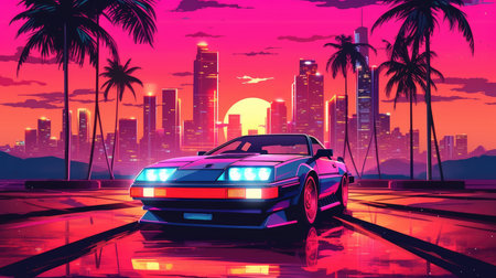 Retro car of the 90s moves along the highway in the rays of a tropical sunset, Generative AIの素材