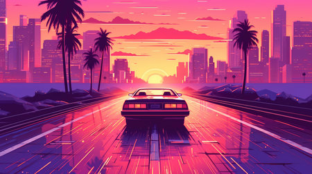 Retro car of the 90s moves along the highway in the rays of a tropical sunset, Generative AIの素材