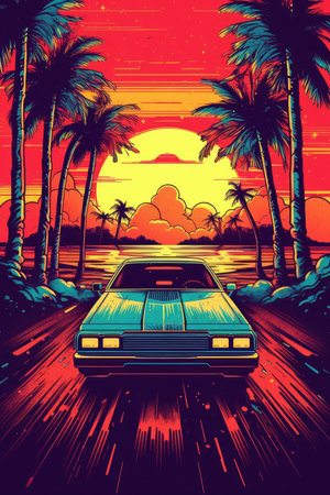 Retro car of the 90s moves along the highway in the rays of a tropical sunset, Generative AIの素材