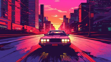 Retro car of the 90s moves along the highway in the rays of a tropical sunset, Generative AIの素材