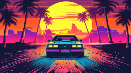An illustration in the style of summer vibes of the 80s with a retro-style car driving into the sunset. Generative AIの素材