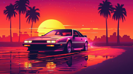 An illustration in the style of summer vibes of the 80s with a retro-style car driving into the sunset. Generative AIの素材