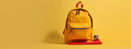 yellow school backpack on an empty yellow background. The concept of Back to School . the beginning of the school year. shopping before school. september. generative aiの素材