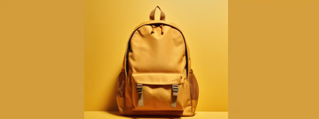 yellow school backpack on an empty yellow background. The concept of Back to School . the beginning of the school year. shopping before school. september. generative aiの素材