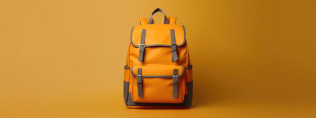 yellow school backpack on an empty yellow background. The concept of Back to School . the beginning of the school year. shopping before school. september. generative aiの素材