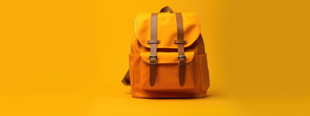 yellow school backpack on an empty yellow background. The concept of Back to School . the beginning of the school year. shopping before school. september. generative aiの素材