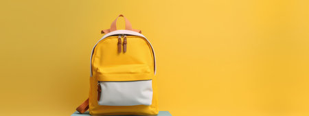 yellow school backpack on an empty yellow background. The concept of Back to School . the beginning of the school year. shopping before school. september. generative aiの素材