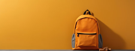 yellow school backpack on an empty yellow background. The concept of Back to School . the beginning of the school year. shopping before school. september. generative aiの素材