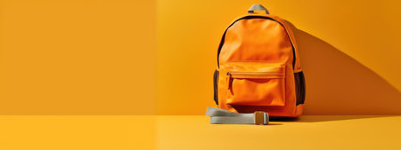 yellow school backpack on an empty yellow background. The concept of Back to School . the beginning of the school year. shopping before school. september. generative aiの素材