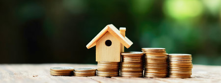 Model of a mini-house and a stack of coins on a background of green leaves. The concept of investment property. real estate investment, country house deposits. generative aiの素材