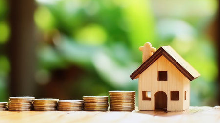Model of a mini-house and a stack of coins on a background of green leaves. The concept of investment property. real estate investment, country house deposits. generative aiの素材