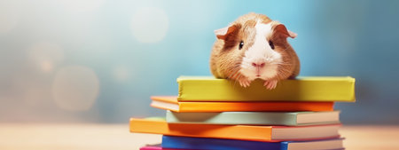 Education and reading concept - group of books with guinea pig. celebrating a new school year. back-to-school. generative aiの素材