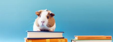 Education and reading concept - group of books with guinea pig. celebrating a new school year. back-to-school. generative aiの素材
