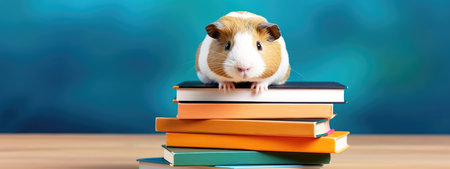 Education and reading concept - group of books with guinea pig. celebrating a new school year. back-to-school. generative aiの素材