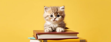 The concept of education and reading - a group of books with a cute kitten. celebrating a new school year. back-to-school. generative aiの素材
