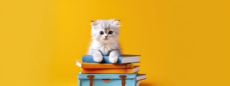 The concept of education and reading - a group of books with a cute kitten. celebrating a new school year. back-to-school. generative aiの素材