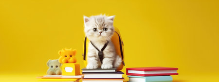 The concept of education and reading - a group of books with a cute kitten. celebrating a new school year. back-to-school. generative aiの素材