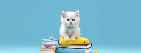 The concept of education and reading - a group of books with a cute kitten. celebrating a new school year. back-to-school. generative aiの素材