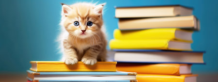 The concept of education and reading - a group of books with a cute kitten. celebrating a new school year. back-to-school. generative aiの素材