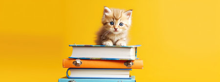 The concept of education and reading - a group of books with a cute kitten. celebrating a new school year. back-to-school. generative aiの素材